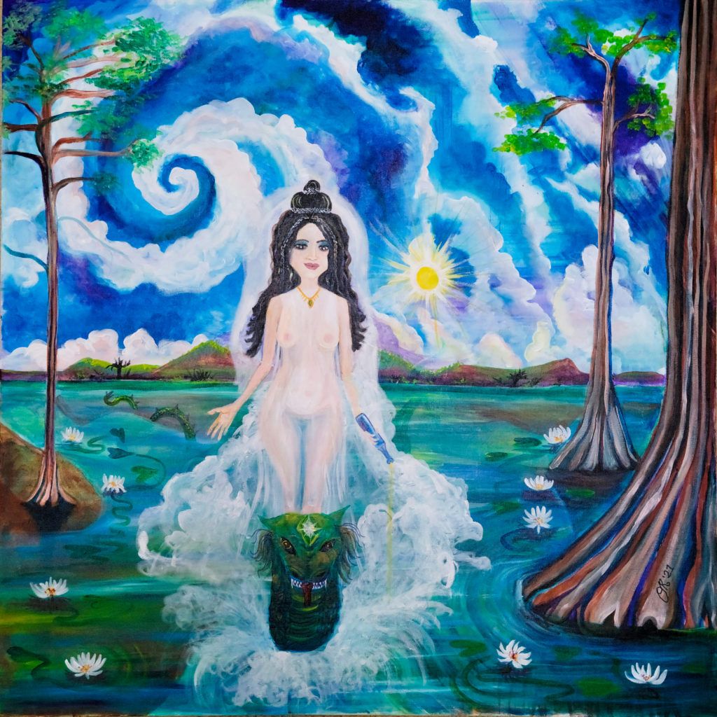 Painting of a light-skinned nude woman with long dark hair. She stands ontop of a green dragon, moving through green and blue water with white lotuses floating on the surface. Surrounding them are tall brown trees with sparse green boughs. Behind them is a blue sky with swirled white clouds and a yellow sun.