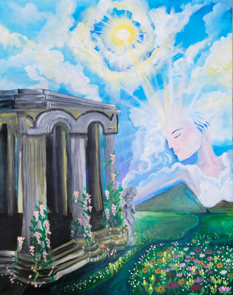Painting of a landscape with a temple on the left featuring doric columns and vines with pink flowers. To the right of the temple is a green landscape with flowers and a dark blue pathway, leading to triangular mountains and a light-skinned female face in the sky, surrounded bu white clouds. In the center at the top is a bright yellow sun.