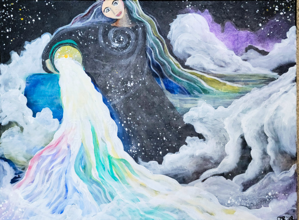 Painting of a female figure with light skin and long multi-colored hair, holding a bucket in her right arm, and pouring out waves of white and color, including green, blue, pink and yellow. Surrounding the figure are puffy clouds in white and various colors, all set against a black, starry background.
