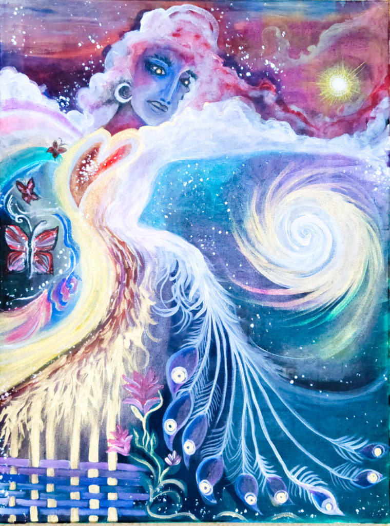 Painting of a female figure with a mutlicolored dress, blue skin and white hair. Her dress includes details of hearts, peacock feathers, and flowers. To the right of the figure is a bright white and colorful swirl. Over the figure's left shoulder is a bright yellow star.