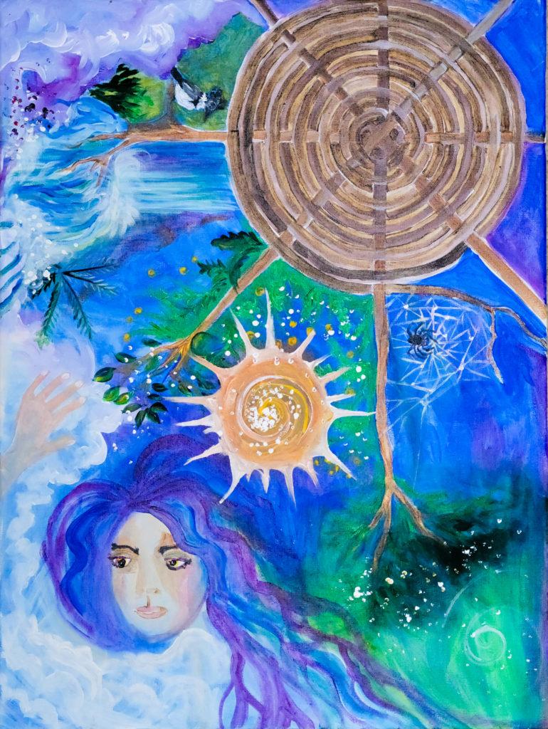 Painting featuring a woven basket in the top right corner, above a yellow sun and a black spider spinning a web. In the bottom left corner is a female face with light skin and long blue and purple hair.