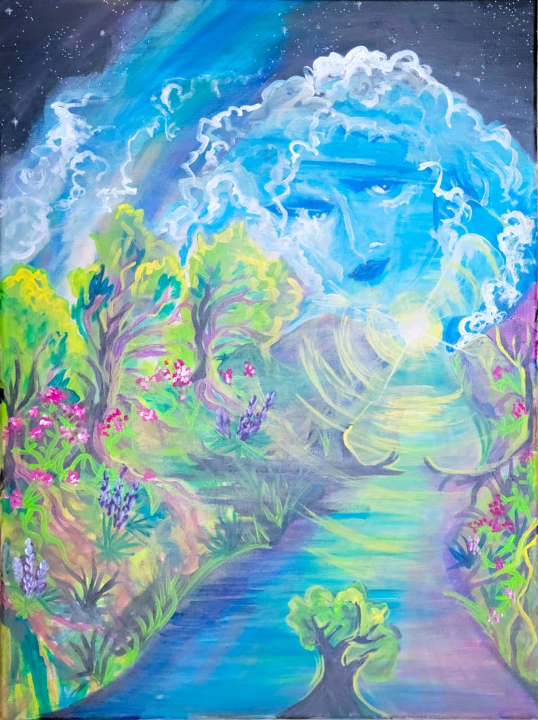 Painting of a landscape with bright brown and green trees lining a pathway of blue, yellow and pink streaks. The path leads to a bright light, above which is a feminine face in blue, surrounded by white swirls. Behind the figure is a dark black sky with tiny white stars.