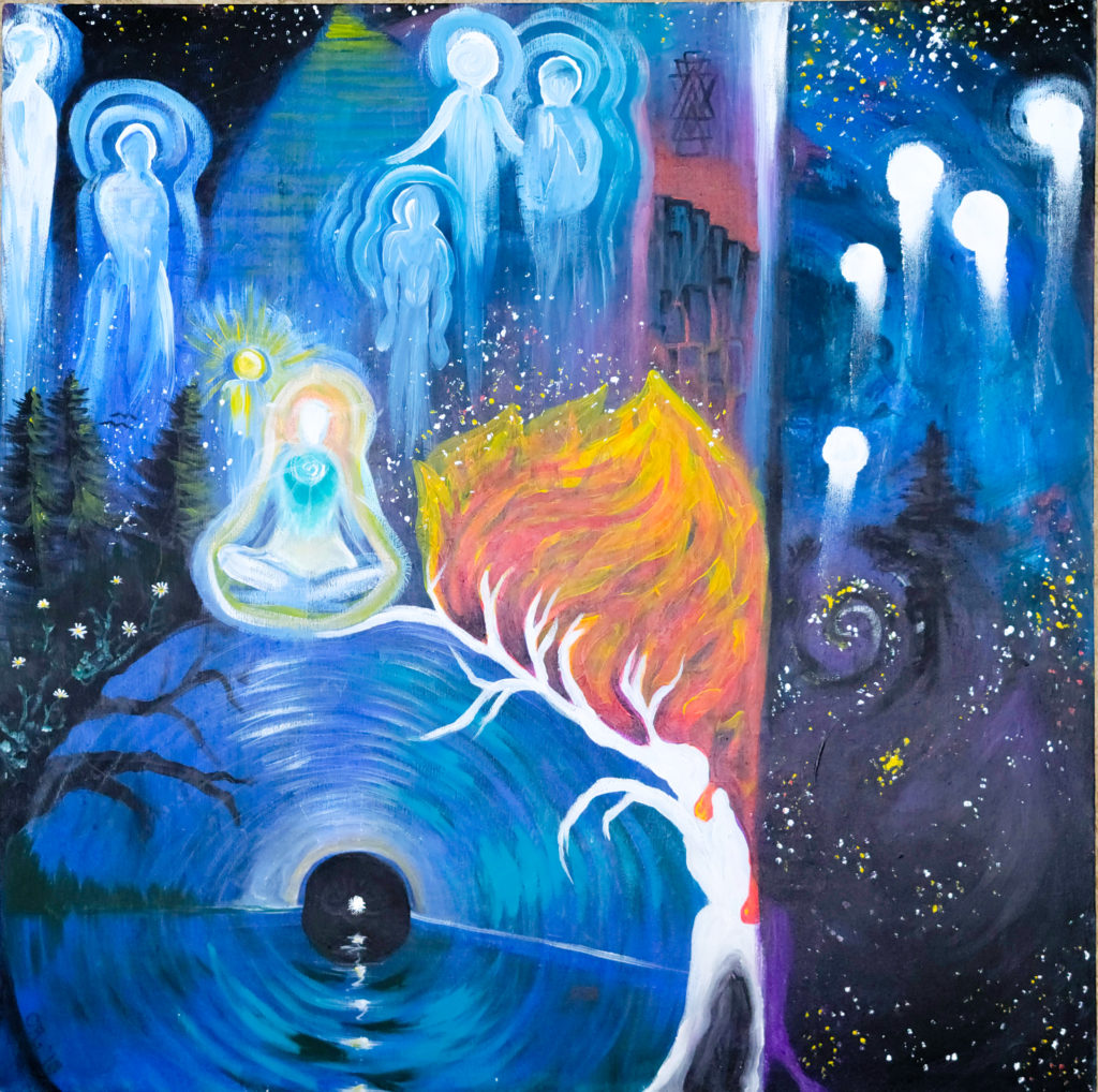 Painting of human figures in white, surrounded by a black sky and white and yellow stars. A blue swirl is in the bottom left corner, under two branching figures, one in white and topped by red and organge flames on the right, and the other in black topped with green trees and small flowers.