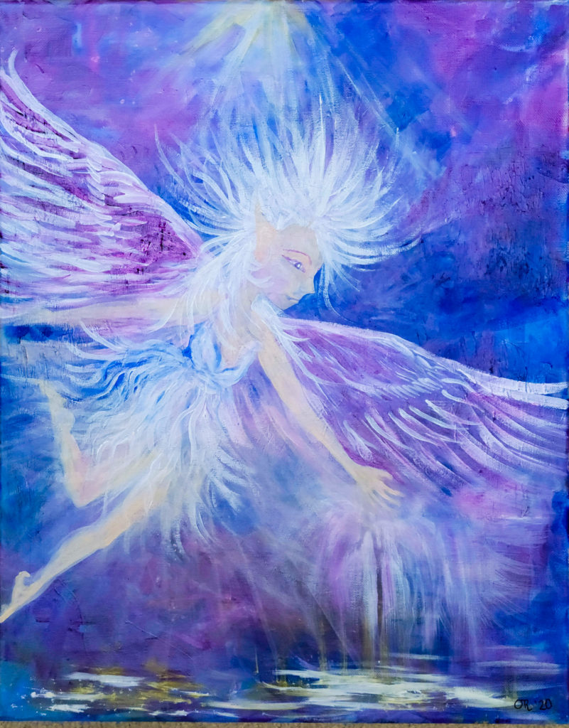 Painting of a light-skinned figure with spiky white hair and purple and white feathered wings. The figure's arms are outstretched and it wears a dress with a whispy skirt. Around the figure is an abstract scene in blues and whites.