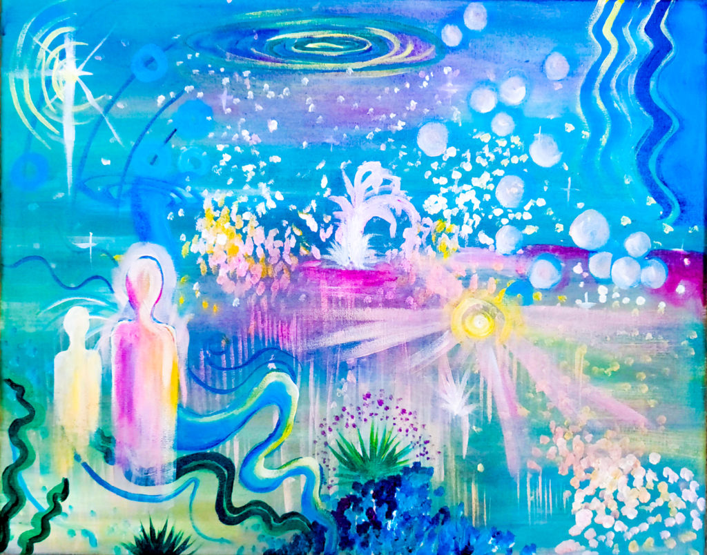 Abstracted painting with blue background behind round bubble shapes, swirls, waves and dots in many colors including pink, yellow, green and white. In the bottom left corner are two human-like figures.