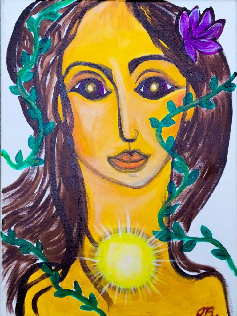Painting of a female face and shoulders, with yellow and orange skin and long brown hair. The figure has large purple and brown eyes and green vines and purple flowers woven through her hair. Over her throat is a bright shining orb.