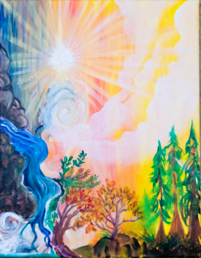 Painting of a bright, colorful sky featuring blue, pink, yellow and orange streaks and white clouds, with a bright burst of light in the top left corner. Beneath are trees with green, red, and orange leaves, and evergreen trees. to the bottom left corner are swirls of blue and brown.