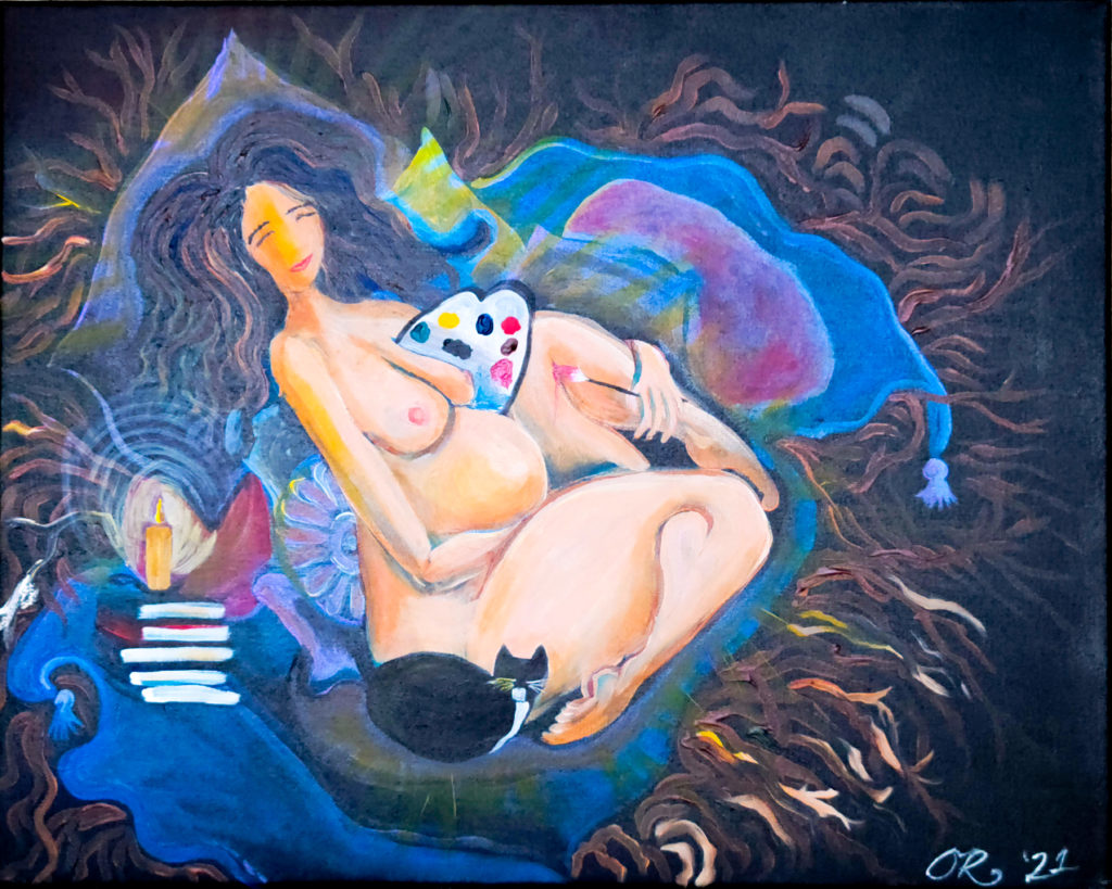 Painting of a nude, light-skinned woman with dark wavy hair surrounded by a cat, books, candle, and holding a paint palette, laying on top of blankets and pillows over branches.