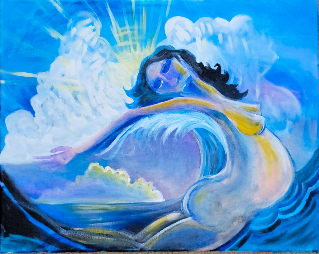 Painting of a nude woman with a pregnant belly arching her back with her belly and front arching toward the right edge. She has dark wavy hair and her eyes are closed as her head falls back toward the left edge. White clouds surround her head, blue waves crest under her body.