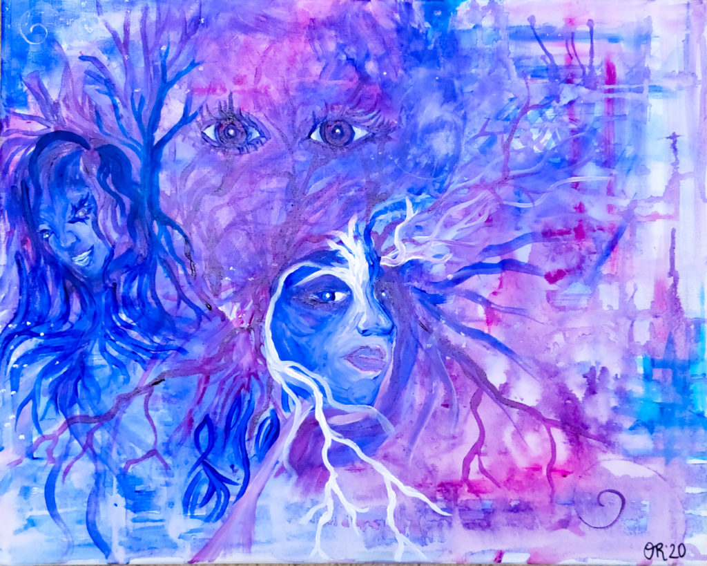 Painting in blues and purples, with female faces surrounded by streaks of white, blue and purple.