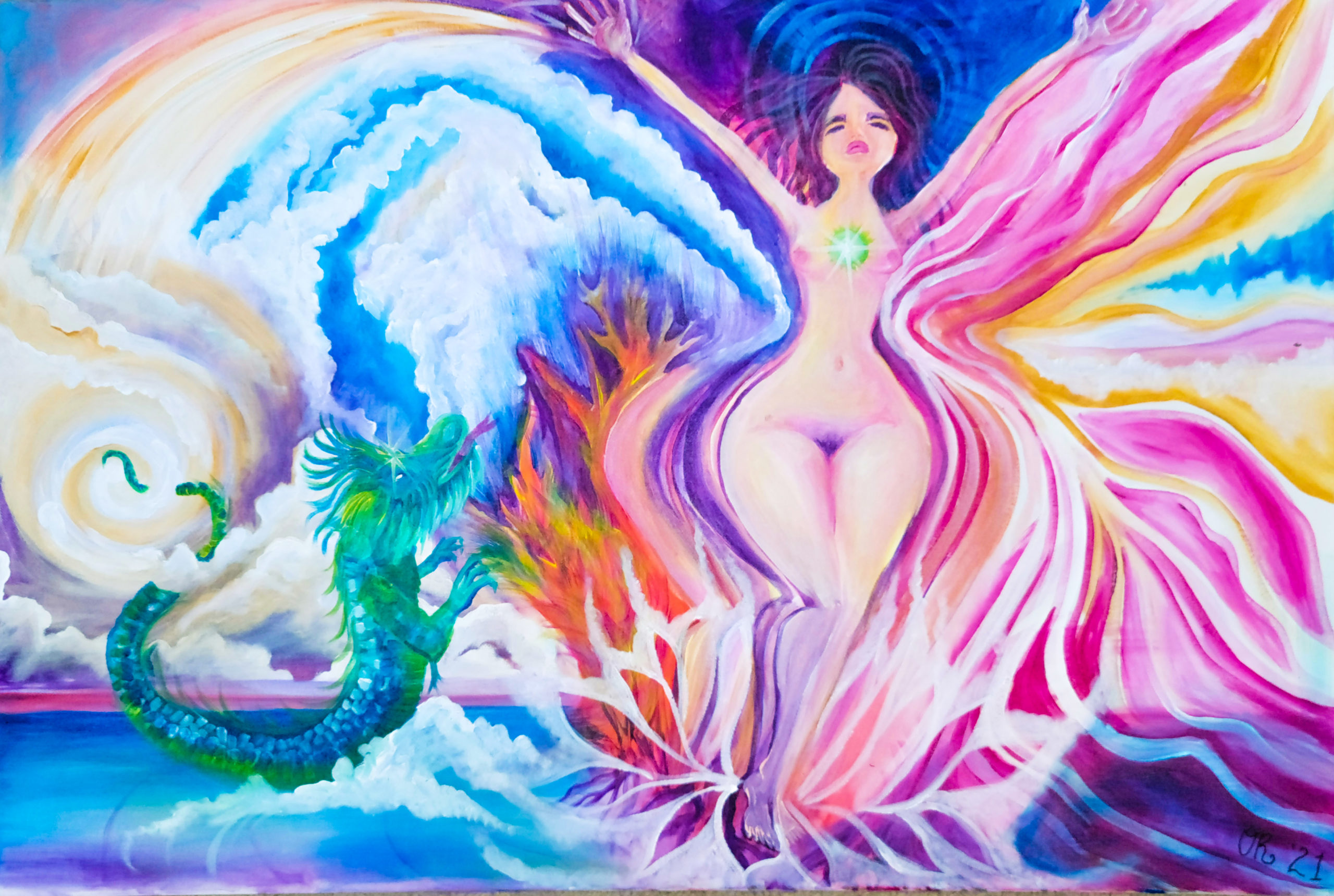 Painting of a nude light skinned woman with brown hair stretching her arms out. She is surrounded by colorful waves and a small green dragon on the left of the image. 