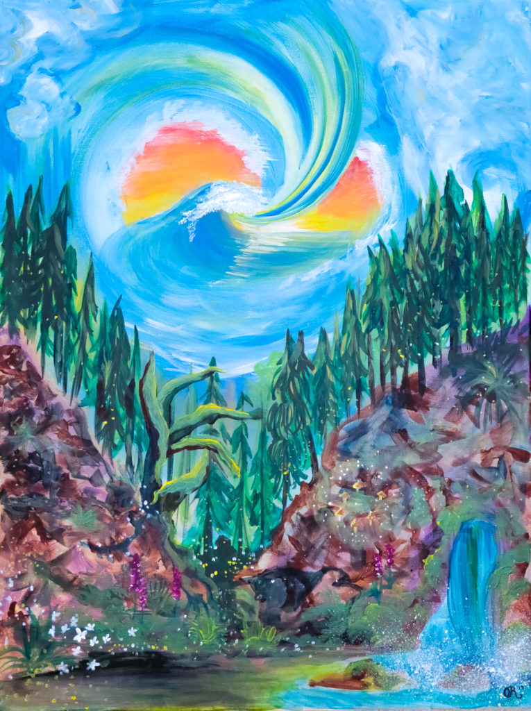 Painting od a landscape overlooking a valley of green trees, with a waterfall in the bottom right corner. Above the trees is a swirl of blue and white over an orange and yellow sky.