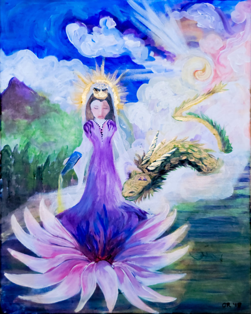Painting of a woman and dragon. The woman is light-skinned with dark hair and wearing a golden crown and long purple dress. She looks down toward the flower petals she stands on. On the right side of the image, a dragon with gold and green scales emerges from clouds. Its head rests under the woman's hand. Surrounding them are clouds in a blud sky, a mountain in the left side background, and green trees and grass toward the bottom edges of the image.